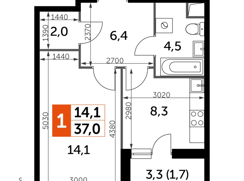 Квартира 1 комната 37 м² Развилка, Россия