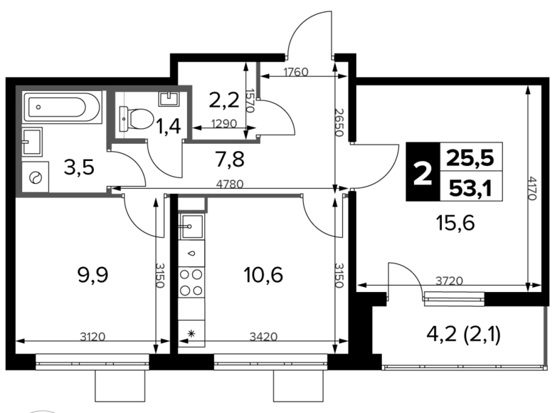 Apartamento 2 habitaciones 53 m² Potapovo, Rusia