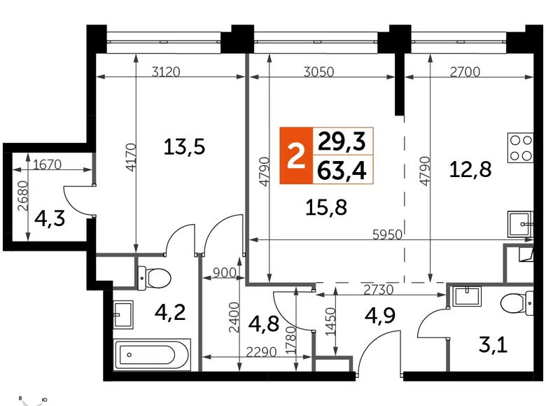 Mieszkanie 2 pokoi 63 m² North-Western Administrative Okrug, Rosja