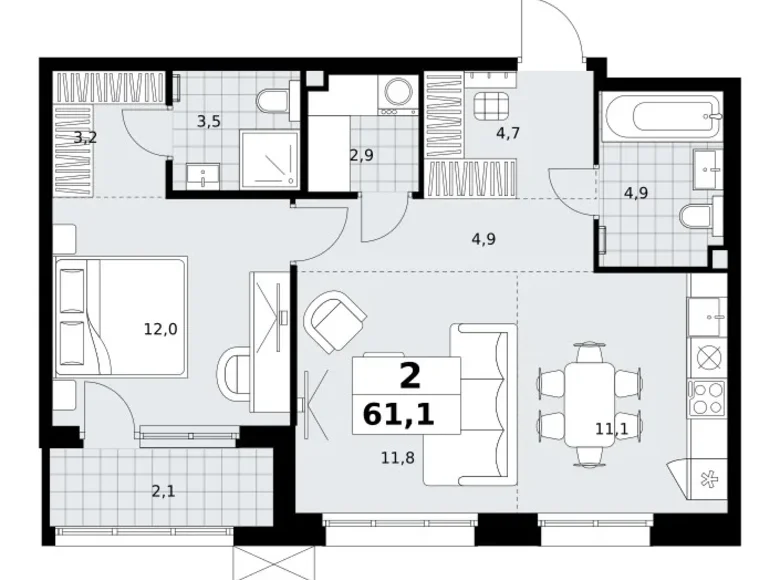 2 room apartment 61 m² Kommunarka, Russia