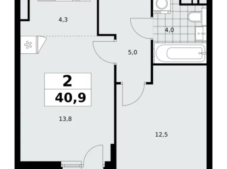 2 room apartment 41 m² Moscow, Russia