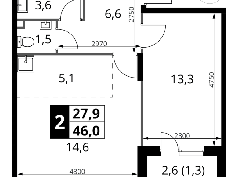 Квартира 2 комнаты 46 м² Potapovo, Россия