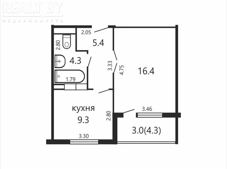 1 room apartment 35 m² Minsk, Belarus
