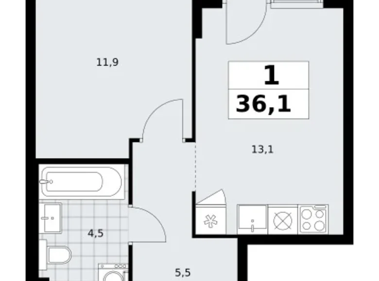 Квартира 1 комната 36 м² район Троицк, Россия