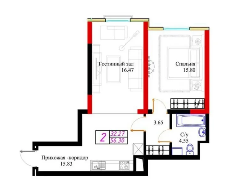 Квартира 2 комнаты 56 м² Ташкент, Узбекистан