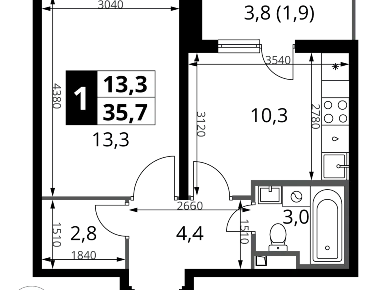 1 room apartment 36 m² Potapovo, Russia