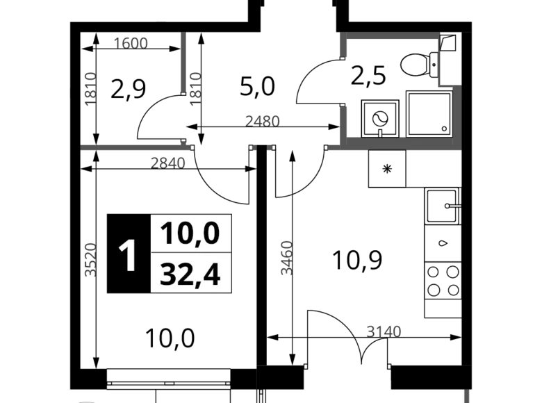 Квартира 1 комната 32 м² Химки, Россия