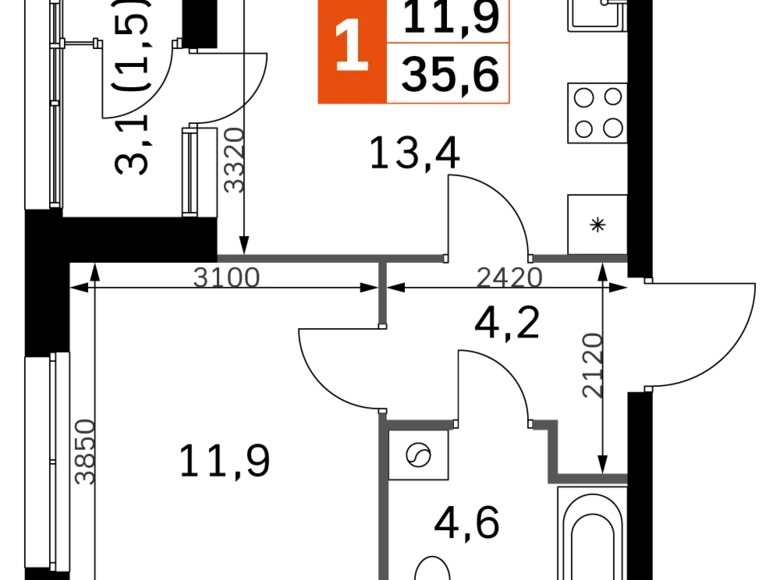 Квартира 1 комната 35 м² Москва, Россия