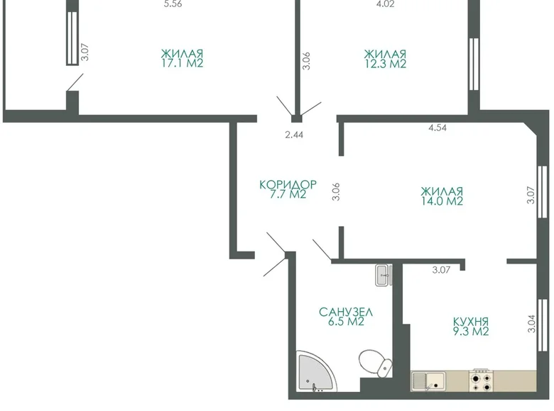 Квартира 3 комнаты 63 м² Минск, Беларусь