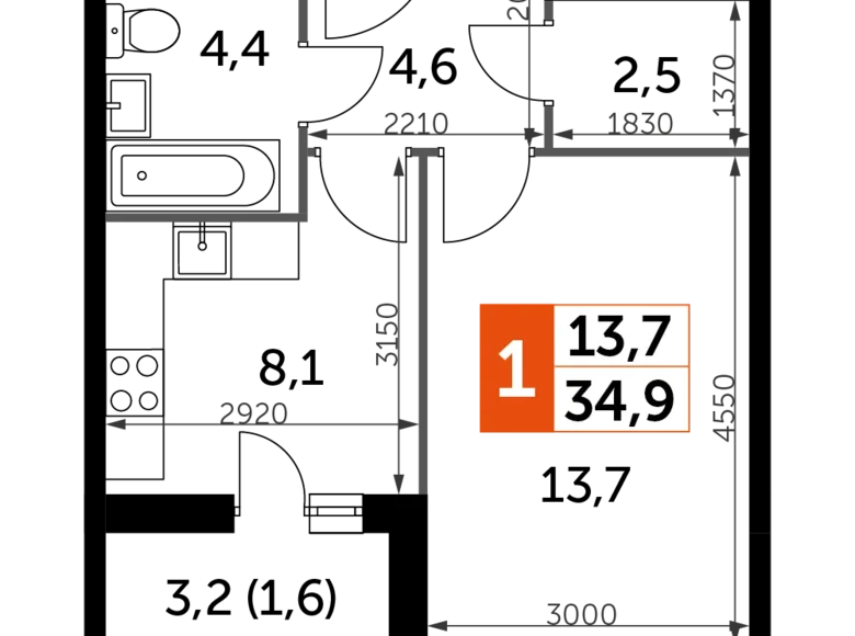 Mieszkanie 1 pokój 35 m² Razvilka, Rosja