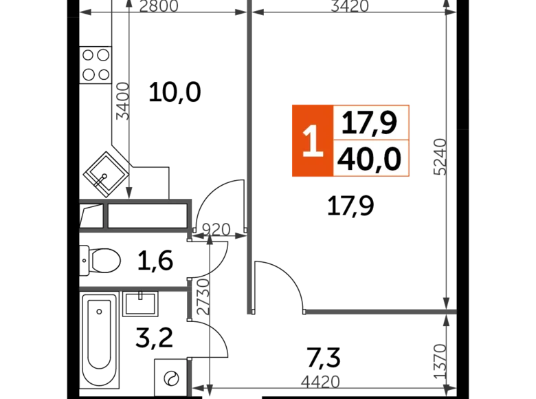 1 room apartment 40 m² Veshki, Russia