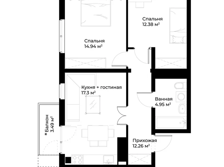 Квартира 2 комнаты 59 м² Ташкент, Узбекистан