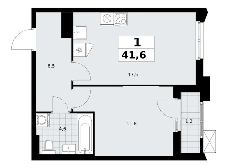 1 room apartment 42 m² Troitsk, Russia