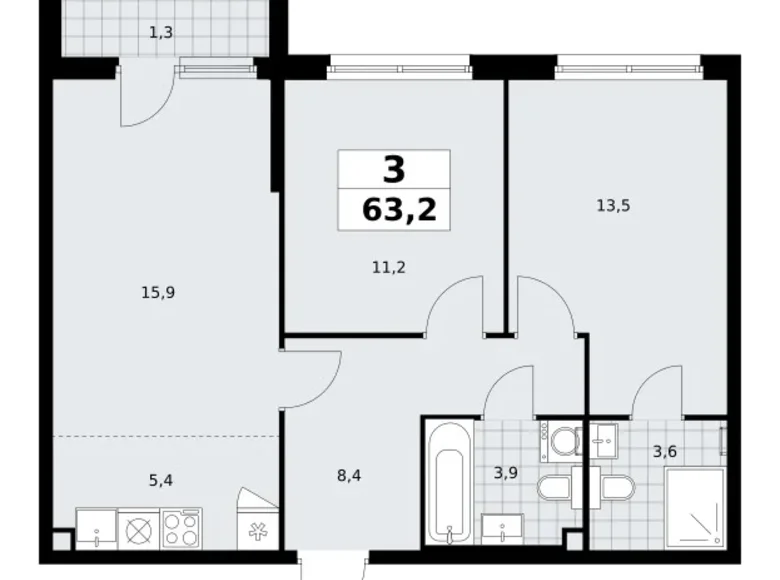 Apartamento 3 habitaciones 63 m² poselenie Sosenskoe, Rusia