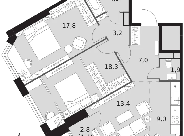 Apartamento 3 habitaciones 77 m² Konkovo District, Rusia