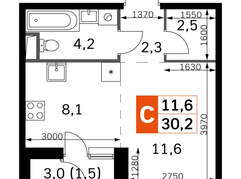 Студия 1 комната 30 м² Москва, Россия