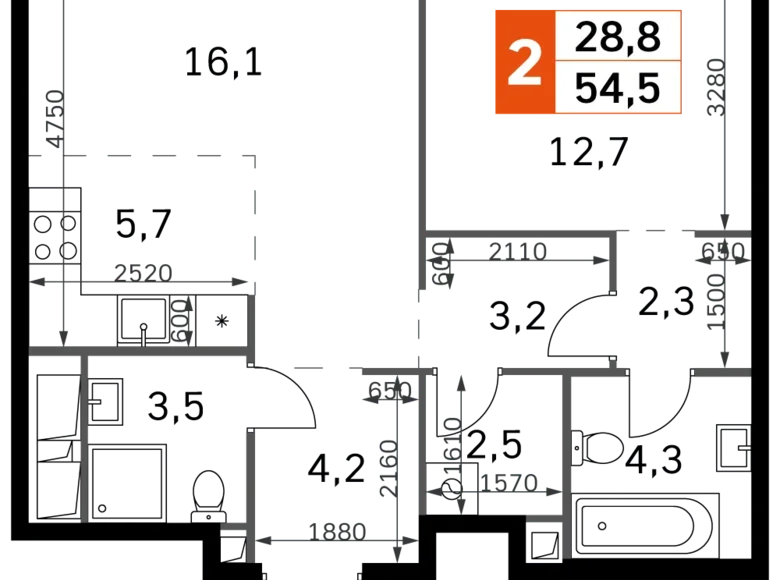 Квартира 2 комнаты 55 м² Северо-Западный административный округ, Россия