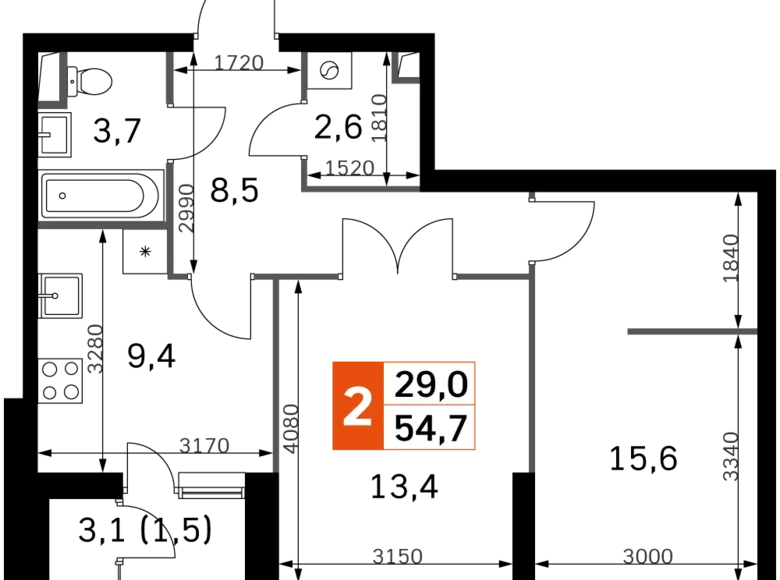 2 room apartment 55 m² Moscow, Russia