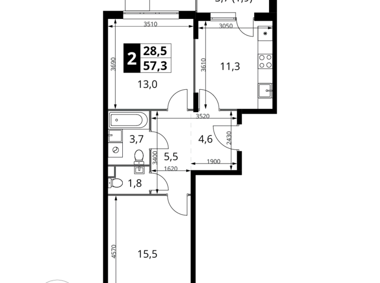 Wohnung 2 Zimmer 57 m² Chimki, Russland