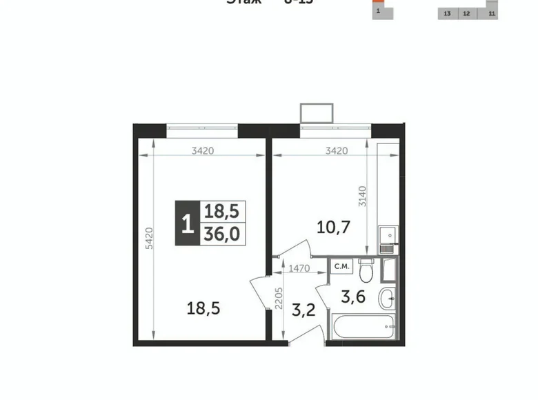1 room apartment 36 m² Leninsky District, Russia