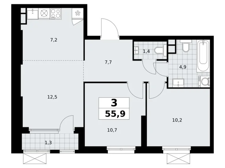 3 room apartment 56 m² South-Western Administrative Okrug, Russia