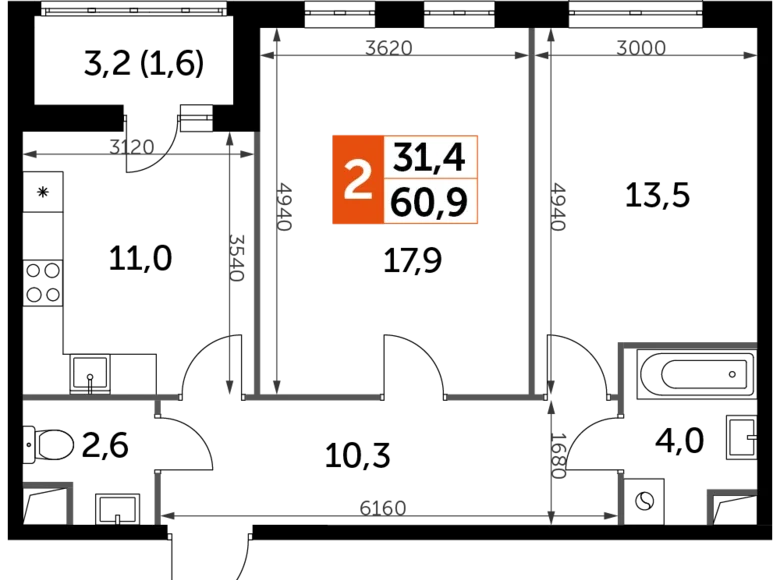 Wohnung 2 zimmer 61 m² Razvilka, Russland