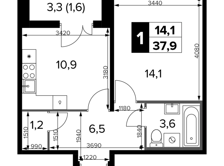 Квартира 1 комната 38 м² Химки, Россия