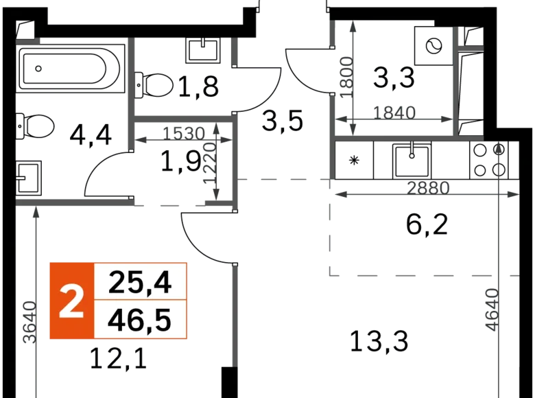 2 room apartment 47 m² North-Western Administrative Okrug, Russia