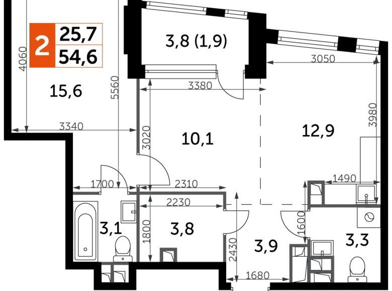 2 room apartment 55 m² Moscow, Russia