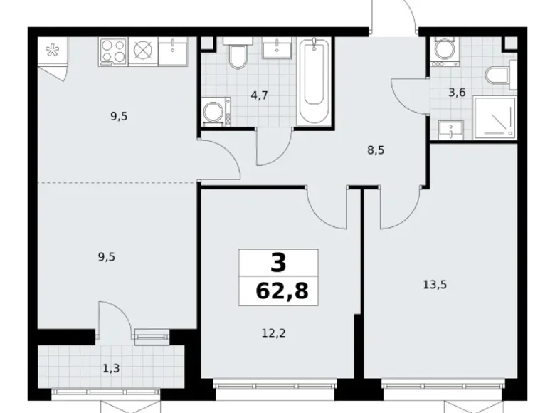 Appartement 3 chambres 63 m² Postnikovo, Fédération de Russie