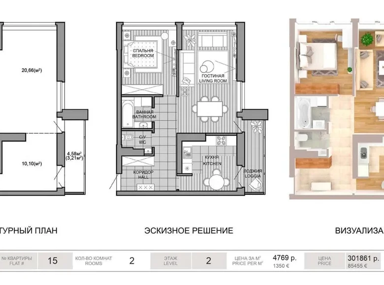 Appartement 2 chambres 63 m² Minsk, Biélorussie