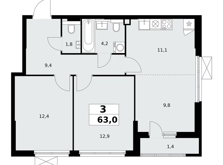 3 room apartment 63 m² poselenie Sosenskoe, Russia