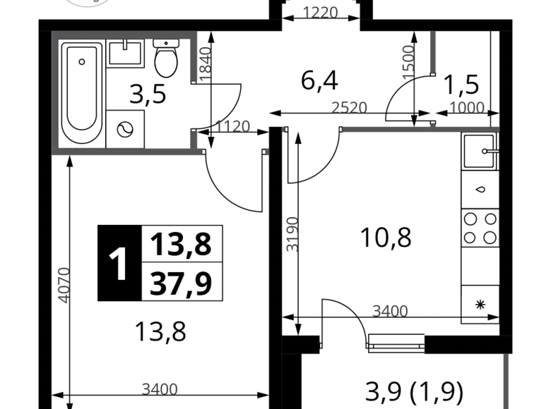 Mieszkanie 1 pokój 38 m² rejon leniński, Rosja