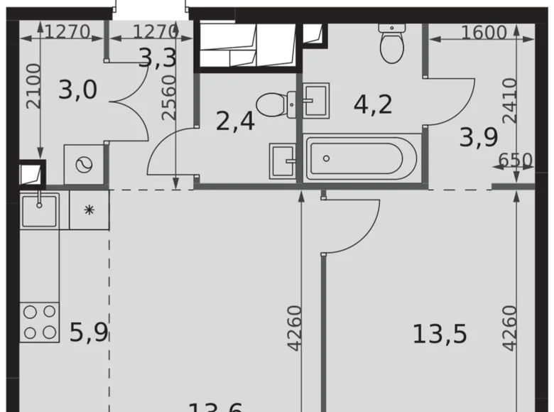 2 room apartment 50 m² Moscow, Russia