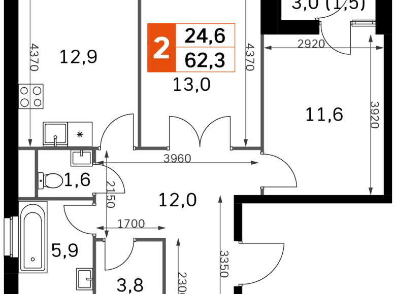 Mieszkanie 2 pokoi 62 m² Moskwa, Rosja