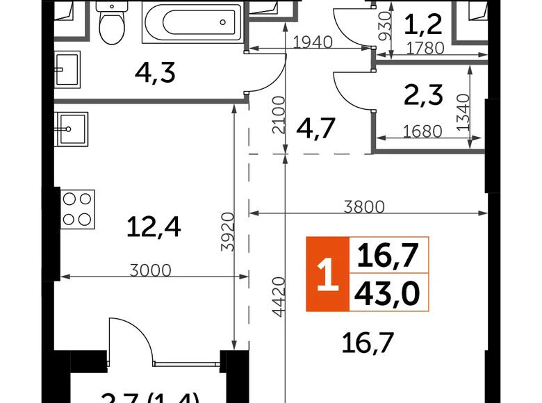 Mieszkanie 1 pokój 43 m² North-Western Administrative Okrug, Rosja