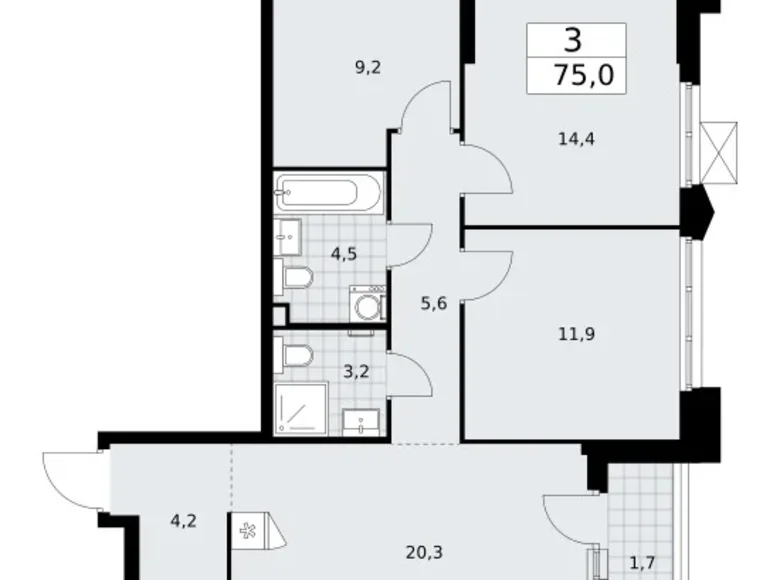 3 room apartment 75 m² Troitsk, Russia