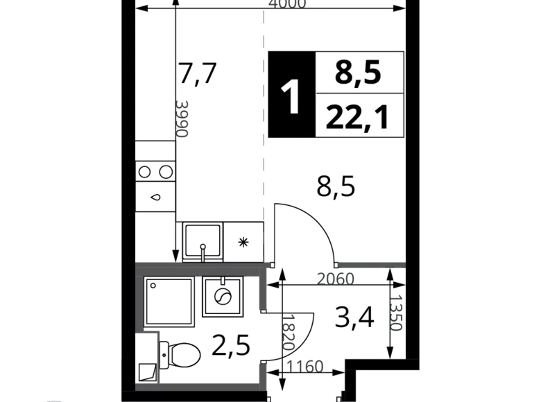 Студия 1 комната 22 м² Химки, Россия