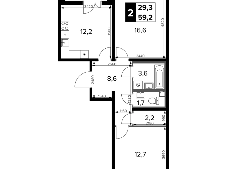 2 room apartment 59 m² South-Western Administrative Okrug, Russia