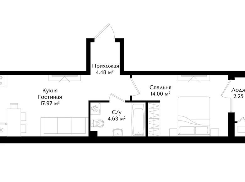 Квартира 1 комната 44 м² Ташкент, Узбекистан