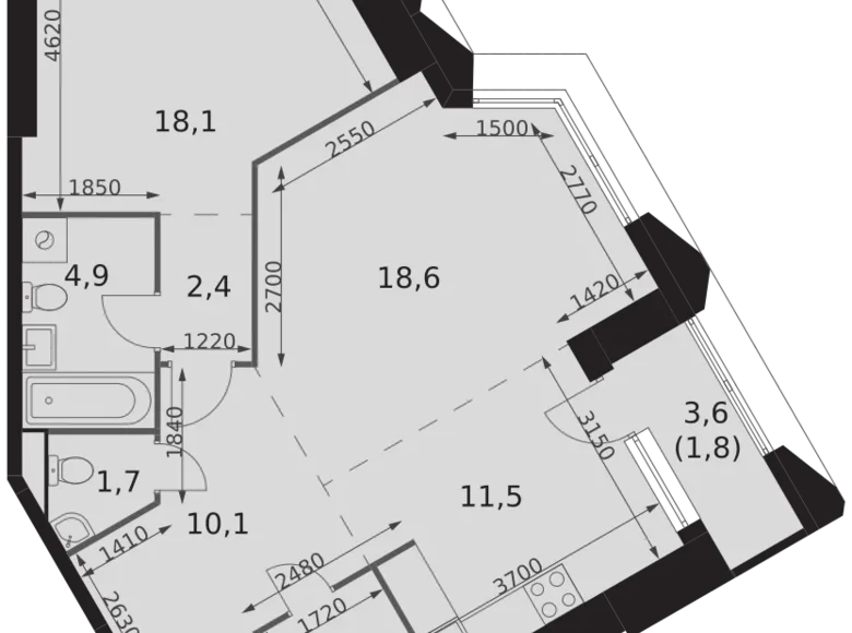2 room apartment 72 m² Moscow, Russia