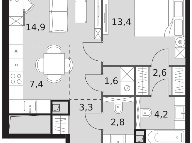 2 room apartment 50 m² North-Western Administrative Okrug, Russia