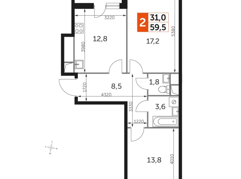 Mieszkanie 2 pokoi 60 m² Razvilka, Rosja