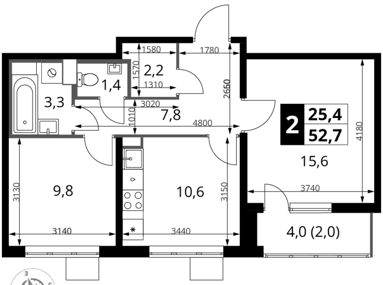 2 room apartment 53 m² Leninsky District, Russia