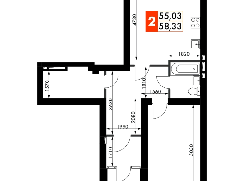 2 room apartment 58 m² Naro-Fominskiy gorodskoy okrug, Russia