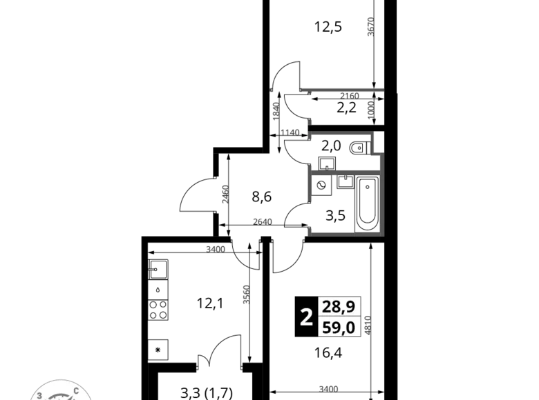 2 room apartment 59 m² Leninsky District, Russia