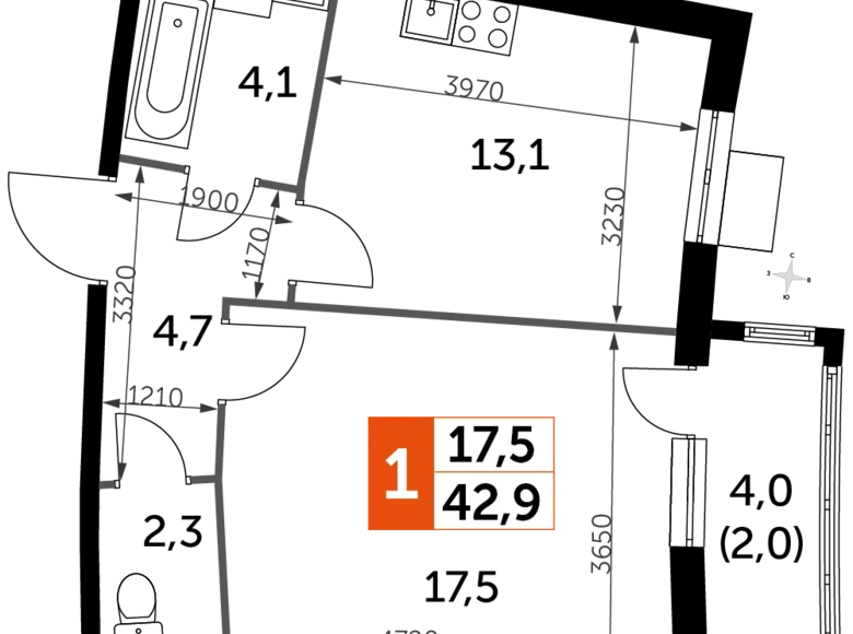 Квартира 1 комната 43 м² Развилка, Россия