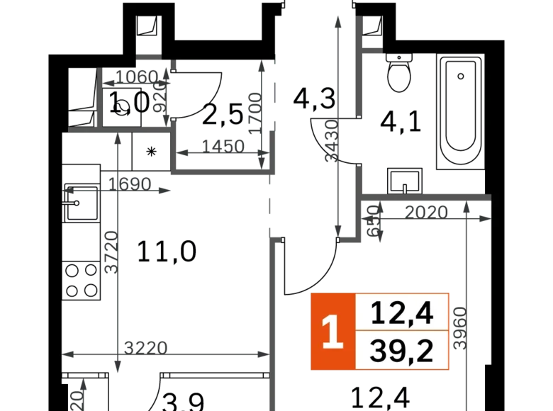 1 room apartment 39 m² North-Western Administrative Okrug, Russia