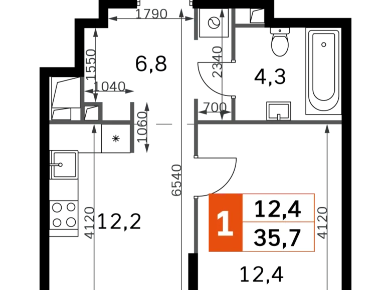 1 room apartment 36 m² North-Western Administrative Okrug, Russia