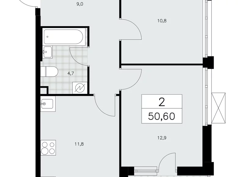 2 room apartment 51 m² Moscow, Russia